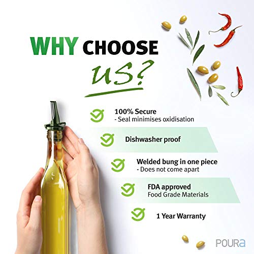 Poura Boquillas de Aceite de Oliva – Boquilla para Botella UK Patentada – Flujo Medio y Cierre para Control Preciso – Tapón Vertedor Que Mantiene el Aceite Fresco Sabroso Sin Oxidación – 2 Pack Verde