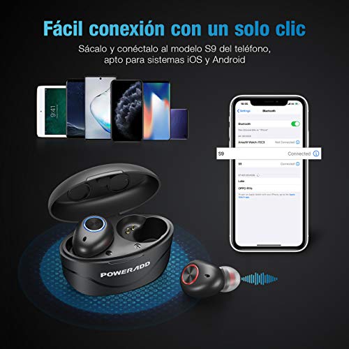POWERADD Auricular Bluetooth True Wireless Bluetooth 5.0 Auriculares Caja de Carga Auriculares inalámbricos Bluetooth con Carga Rapida Resistente al Agua con Caja de Carga-Negro