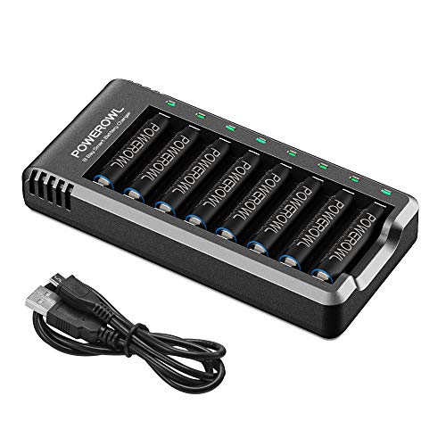 POWEROWL Cargador de Pilas AA, AAA con 8 Unidades de AA 2800mAh Ni-MH Pilas Recargables con Luces LED(Carga rápida USB, Ranura Independiente)