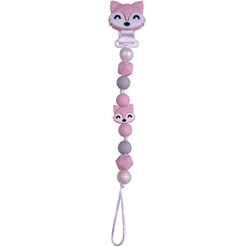 PREMYO Cadena Chupete Niña Zorro - Chupetero Silicona Bebé Mordedor con Perlas - Clip Universal Rosa