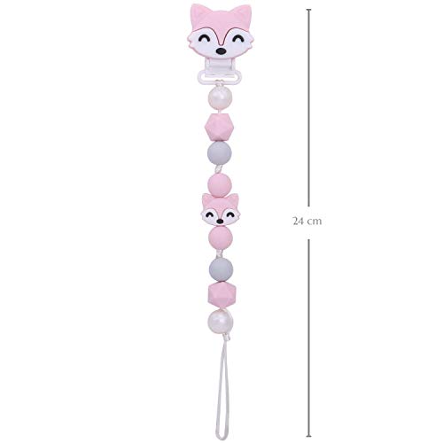 PREMYO Cadena Chupete Niña Zorro - Chupetero Silicona Bebé Mordedor con Perlas - Clip Universal Rosa