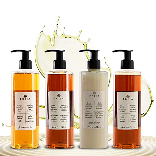 Prija XL - Juego de jabón líquido, champú, gel de ducha y loción corporal, 4 envases de 380 ml, Ginseng Spa