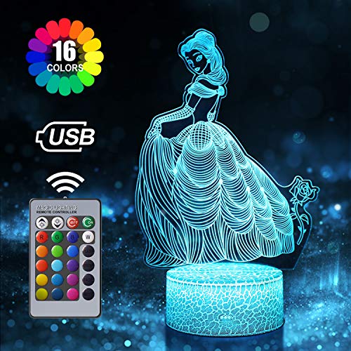 Princesa Luz de Noche para Niños, Luces de Lámpara de Ilusión 3D, Lámpara de Nnoche Cambiante de 16 Colores, Regalos de Vacaciones y Cumpleaños para Niños, Niñas y Adultos