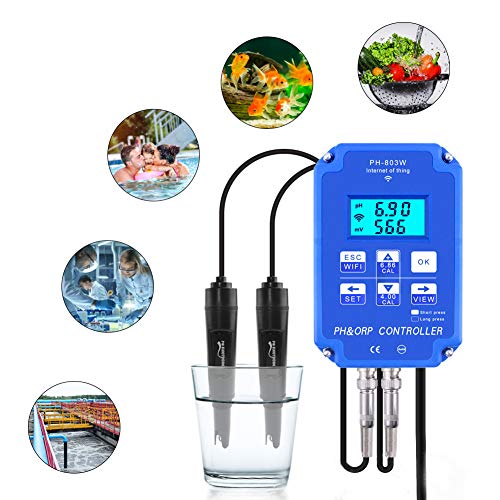 Probador de calidad del agua, PH-803W WIFI ORP/PH Meter Controller Monitor de calidad del agua en línea para acuarios, plantas hidropónicas, piscinas y aguas termales Enchufe de la UE