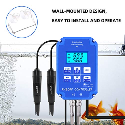 Probador de calidad del agua, PH-803W WIFI ORP/PH Meter Controller Monitor de calidad del agua en línea para acuarios, plantas hidropónicas, piscinas y aguas termales Enchufe de la UE