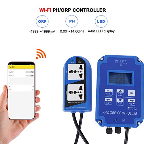Probador de calidad del agua, PH-803W WIFI ORP/PH Meter Controller Monitor de calidad del agua en línea para acuarios, plantas hidropónicas, piscinas y aguas termales Enchufe de la UE