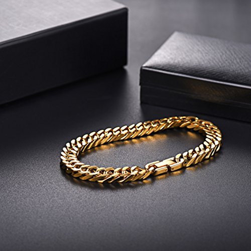 PROSTEEL Joyería Pulsera de Hombre Pulsera para Hombre 21cm de Cadena Cubana de Acero Inoxidable Brazalete Metal de Hombre (8mm, Dorado)