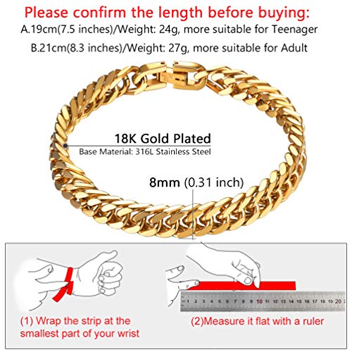 PROSTEEL Joyería Pulsera de Hombre Pulsera para Hombre 21cm de Cadena Cubana de Acero Inoxidable Brazalete Metal de Hombre (8mm, Dorado)