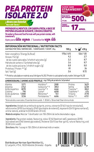 Proteína de Guisante Aislada de HSN | Vegan Protein | Pea Protein Isolate | Edulcorada con Estevia | Vegano, Sin Lactosa, Sin Gluten, Sin Azúcar, Sin Soja, En Polvo, Sabor Fresa, 500 gr