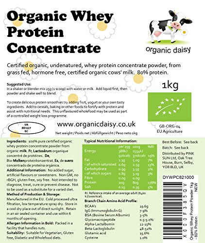 Proteina Organica Polvo 1kg de Suero de Leche Bio Neutro sin Sabor sin Gluten sin Soja Whey Protein Concentrate Powder Organic Daisy 1000g
