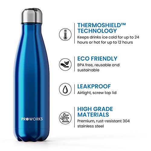 Proworks Botellas de Agua Deportiva de Acero Inoxidable | Cantimplora Termo con Doble Aislamiento para 12 Horas de Bebida Caliente y 24 Horas de Bebida Fría - Libre de BPA - 1L - Azul Metalizado