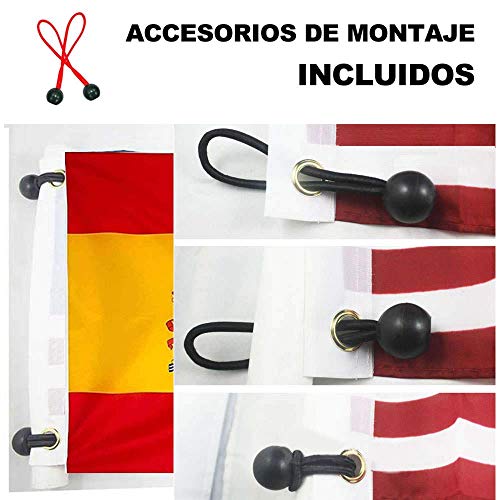 Proxoom. Bandera de España Grande 150 x 90 cm. Colores AUTÉNTICOS CMYK, Vivos y Resistente UV. Polyester. Bordes Reforzados Doble Costura. Incluye 2 Accesorios para Montaje balcón y mástil.