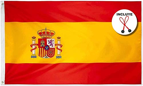 Proxoom. Bandera de España Grande 150 x 90 cm. Colores AUTÉNTICOS CMYK, Vivos y Resistente UV. Polyester. Bordes Reforzados Doble Costura. Incluye 2 Accesorios para Montaje balcón y mástil.