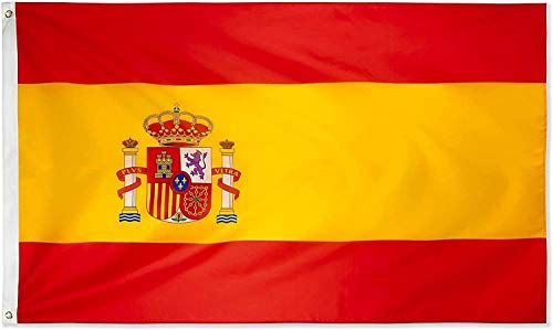 Proxoom. Bandera de España Grande 150 x 90 cm. Colores AUTÉNTICOS CMYK, Vivos y Resistente UV. Polyester. Bordes Reforzados Doble Costura. Incluye 2 Accesorios para Montaje balcón y mástil.