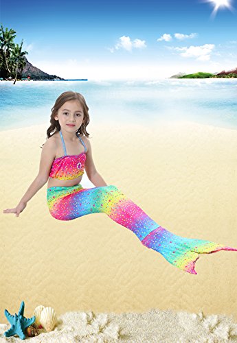 PTHTECHUS 3PCS Conjunto de Bikini de Sirena niñas Traje de Baño de la Cola con Guirnalda y Gafas de natación (130(6-8Y), GB04-Rainbow)