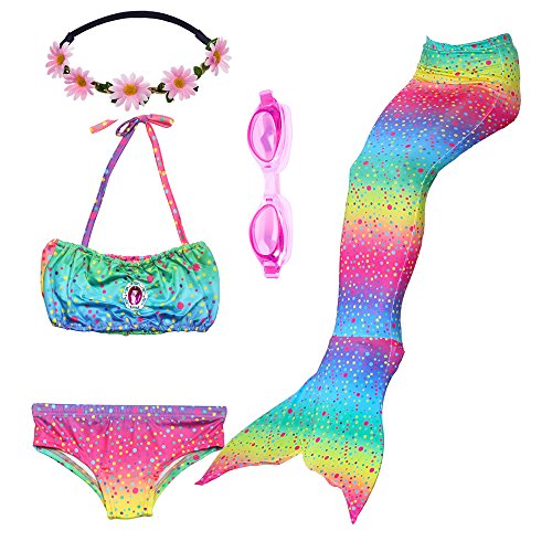 PTHTECHUS 3PCS Conjunto de Bikini de Sirena niñas Traje de Baño de la Cola con Guirnalda y Gafas de natación (130(6-8Y), GB04-Rainbow)