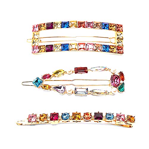 Puchika - 3 horquillas de pelo multicolor, piedras preciosas para niñas, con chapado en oro de 18 quilates, para fiestas, bodas y Navidad