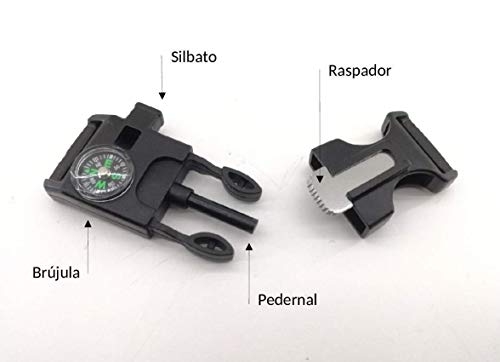 Pulsera de supervivencia ESPAÑA a medida 5 en 1 con silbato, brújula, pedernal, raspador y cuerda de paracord 550 tipo III. Hecha a mano en España. Color VERDE ARMY - BOSCOSO PIXELADO