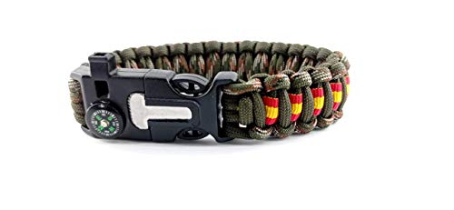 Pulsera de supervivencia ESPAÑA a medida 5 en 1 con silbato, brújula, pedernal, raspador y cuerda de paracord 550 tipo III. Hecha a mano en España. Color VERDE ARMY - BOSCOSO PIXELADO