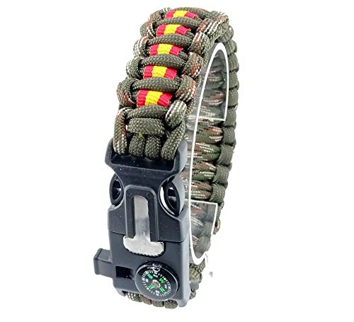 Pulsera de supervivencia ESPAÑA a medida 5 en 1 con silbato, brújula, pedernal, raspador y cuerda de paracord 550 tipo III. Hecha a mano en España. Color VERDE ARMY - BOSCOSO PIXELADO