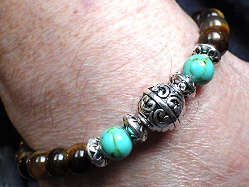 Pulsera para los hombres en las perlas de los ojos de tigre y de la perla de la turquesa reconstituida