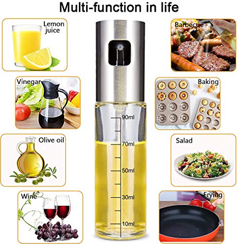 Pulverizador Spray Oliva Aceite, Premium 304 Acero Inoxidable Botellas de vidrio de grado alimenticio 100 ML con Pinceles y Embudo para Cocina, Barbacoa, Hornear, Ensalada
