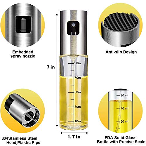 Pulverizador Spray Oliva Aceite, Premium 304 Acero Inoxidable Botellas de vidrio de grado alimenticio 100 ML con Pinceles y Embudo para Cocina, Barbacoa, Hornear, Ensalada