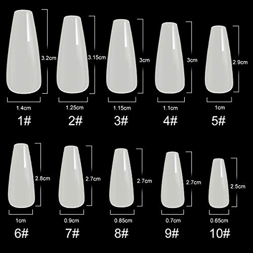 Puntas de uñas acrílicas 500 piezas - Puntas de uñas falsas de cubierta completa con forma de bailarina larga natural - Puntas de uñas postizas artificiales de 10 tamaños (Natural)