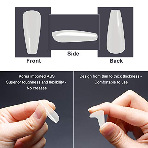 Puntas de uñas acrílicas 500 piezas - Puntas de uñas falsas de cubierta completa con forma de bailarina larga natural - Puntas de uñas postizas artificiales de 10 tamaños (Natural)