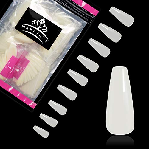Puntas de uñas acrílicas 500 piezas - Puntas de uñas falsas de cubierta completa con forma de bailarina larga natural - Puntas de uñas postizas artificiales de 10 tamaños (Natural)