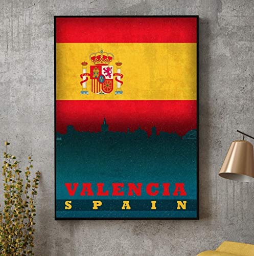 QINGRENJIE Imagen de Arte de Pared Madrid Sevilla Valencia Barcelona España Ciudad Skyline On Flag Poster Canvas Art Print Decoración para el hogar 42 * 60 cm sin Marco