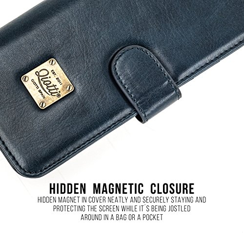 QIOTTI Samsung Galaxy S8 Plus / S8+ Funda, España Cartera con [ RFID NFC Protección Block ] [ Standfunction Películas ] [ 3 Ranuras para Tarjetas ] [ Cierre Magnético ] [ Eco-Faux Cuero ] (Azul)