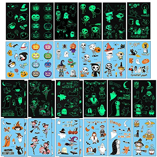 Qpout 137pcs Glow in Dark Halloween Tatuajes Temporales, Tatuajes Luminosos Halloween Tatuajes Impermeables Calabazas Monstruos para Niños Trick or Treat Party Bag Fillers