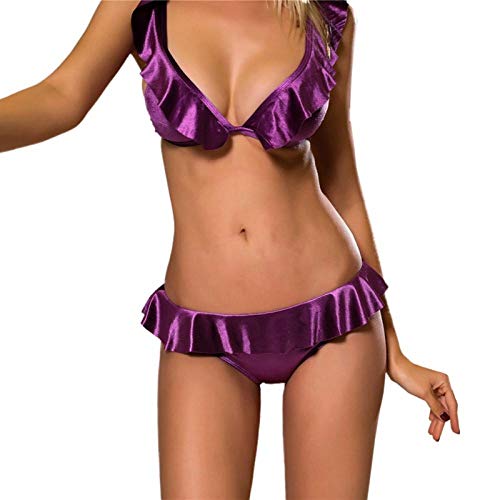 QPYUS Sexo Y Sensualidad Conjunto De Sujetador De Playa De Satén con Volantes De Cintura Alta Sexy Conjunto De Traje De Baño-D_M