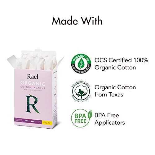 Rael Tampones de algodón orgánico Rael (Regular), sin cloro (16 unidades) (2 paquetes, 32 unidades en total)