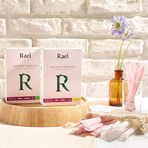 Rael Tampones de algodón orgánico Rael (Regular), sin cloro (16 unidades) (2 paquetes, 32 unidades en total)