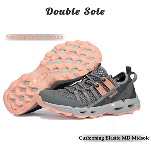 Ranberone Zapatos de Deporte al Aire Libre Antideslizantes para Mujer Zapatos de Agua de Malla Transpirable Zapatos de Senderismo Zapatos para Caminar de Verano Gris Naranja 39
