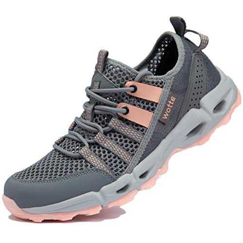 Ranberone Zapatos de Deporte al Aire Libre Antideslizantes para Mujer Zapatos de Agua de Malla Transpirable Zapatos de Senderismo Zapatos para Caminar de Verano Gris Naranja 39