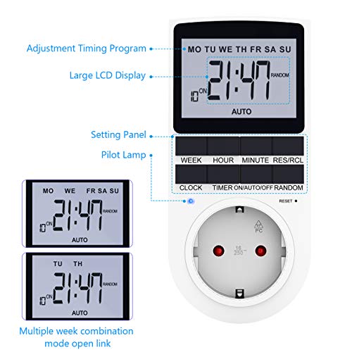 RATEL Temporizador Digital Programable, Enchufe Programador con herramienta de reinicio y modo aleatorio antirrobo Pantalla LCD grande 12/24 Horas, Diario/Semanal Ahorrar Energía y Dinero