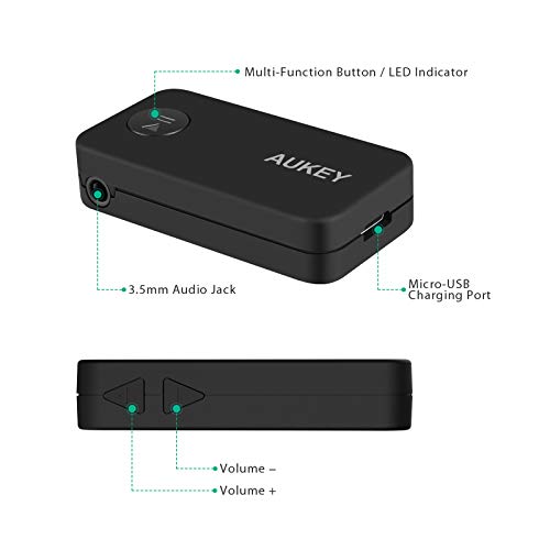 Receptor Bluetooth AUKEY 5 Adaptador de audio portátil con 12 horas de reproducción, asistente de voz, micrófono incorporado para llamadas a manos libres, conector de audio de 3,5 mm para el sistema d