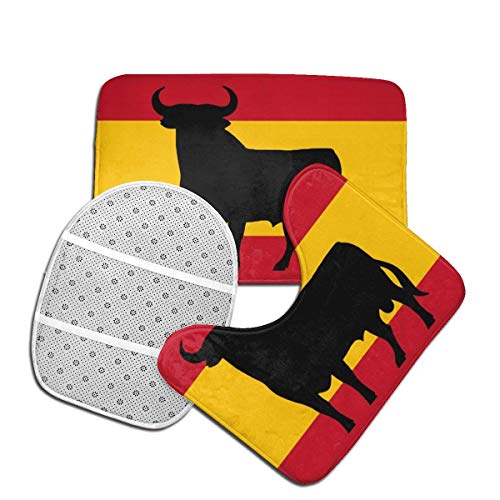 RedBeans - Juego de 3 alfombrillas de baño de franela, diseño de bandera de España con pedestal suave de Osborne's Bull antideslizante