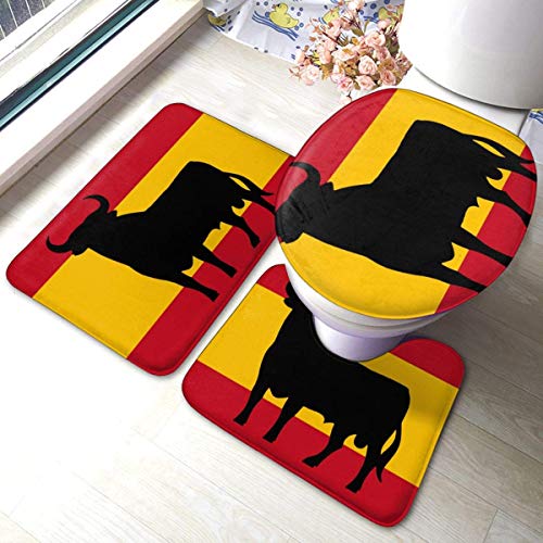 RedBeans - Juego de 3 alfombrillas de baño de franela, diseño de bandera de España con pedestal suave de Osborne's Bull antideslizante