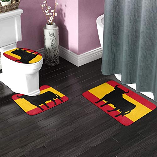 RedBeans - Juego de 3 alfombrillas de baño de franela, diseño de bandera de España con pedestal suave de Osborne's Bull antideslizante
