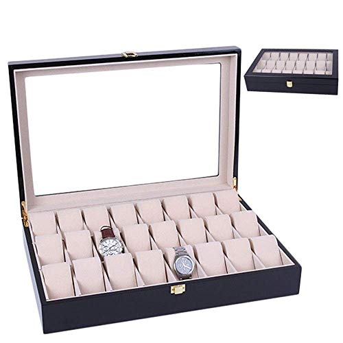 Refinado y elegante. Caja de la caja XHSBH exhibición del reloj, for hombre de madera 24 ranuras caja de reloj del sostenedor del organizador Borre Top Display Reloj Relojes hebilla de metal de almace