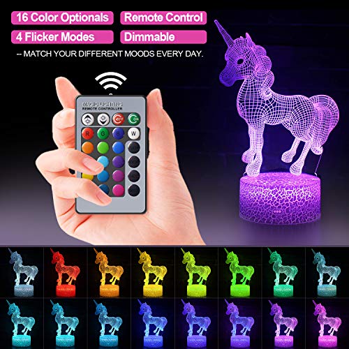 Regalo de Unicornio Luz de Noche para Niños, Lámpara de Luz 3D 7 Colores Cambian con Control Remoto, Ideas de Festivo y Regalos para Niños Niñas y Adultos (unicornio1)