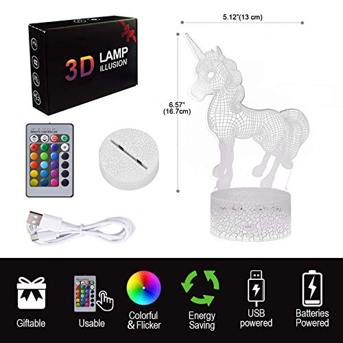 Regalo de Unicornio Luz de Noche para Niños, Lámpara de Luz 3D 7 Colores Cambian con Control Remoto, Ideas de Festivo y Regalos para Niños Niñas y Adultos (unicornio1)