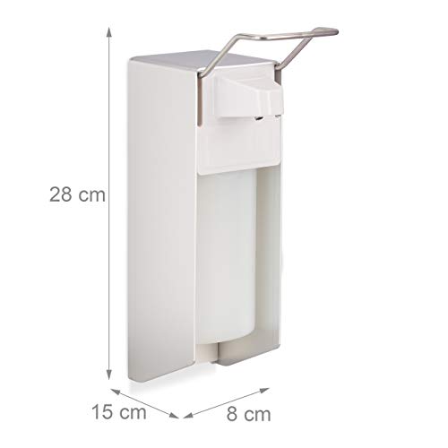 Relaxdays Dispensador Jabón 500 ml para Pared, Blanco, Plástico-Metal, 28 x 8 x 15 cm
