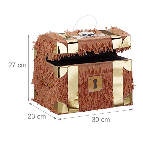 Relaxdays Piñata Infantil Cofre del Tesoro, Papel, Marrón, 27 x 30 x 23 cm