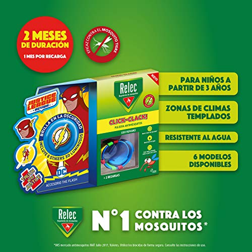 Relec Pulsera Antimosquitos Flash - Eficaz contra el mosquito tigre, Resistente al agua, Contiene 2 recargas