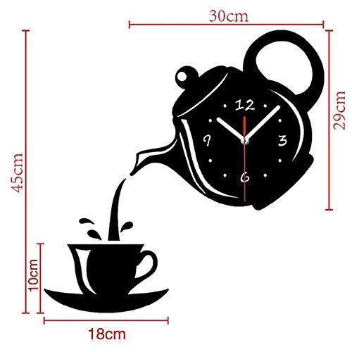 Reloj de pared con espejo 3D DIY Reloj de acrílico silencioso Forma moderna de tetera de café para cocina de oficina Decoración para el hogar Etiqueta de la pared Reloj numeral, dorado